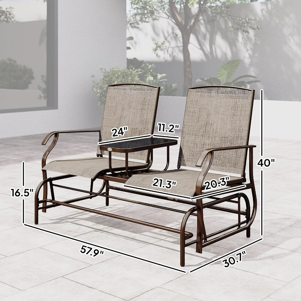Outdoor Glider Bench with Center Table Metal Frame Armrests Brown | Patio Loveseat, Breathable Mesh Fabric, for