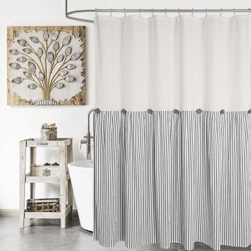 Ides Farmhouse Shower Curtain, Beige and Black Striped, Spa Beige Waffle Weave, Button Curtain, Cotton Woven Fabric
