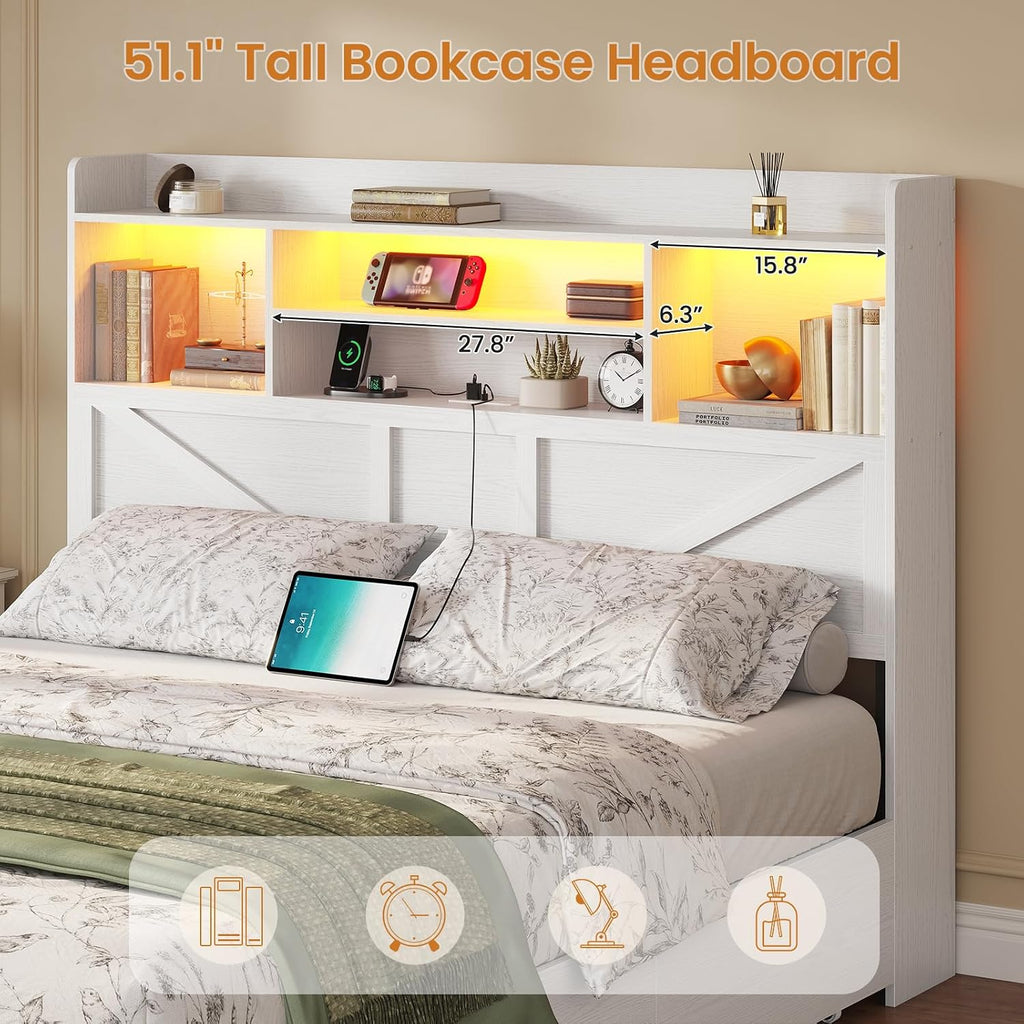 Queen Bed Frame with 6 Storage Drawers, Farmhouse Bed Frame Queen with Bookcase Headboard, LED Lights & Charging