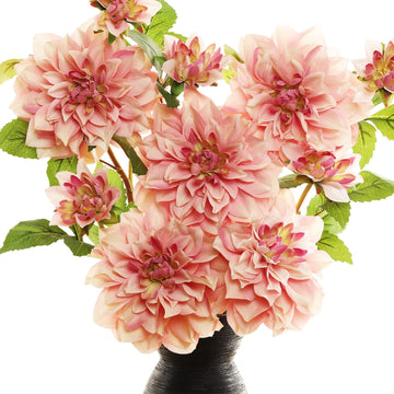 Silk Dahlia Artificial Flowers 24 Inch Long Stem - 5 Pack Fake Flowers for Wedding Bouquets, Home Decor, Fake Fall