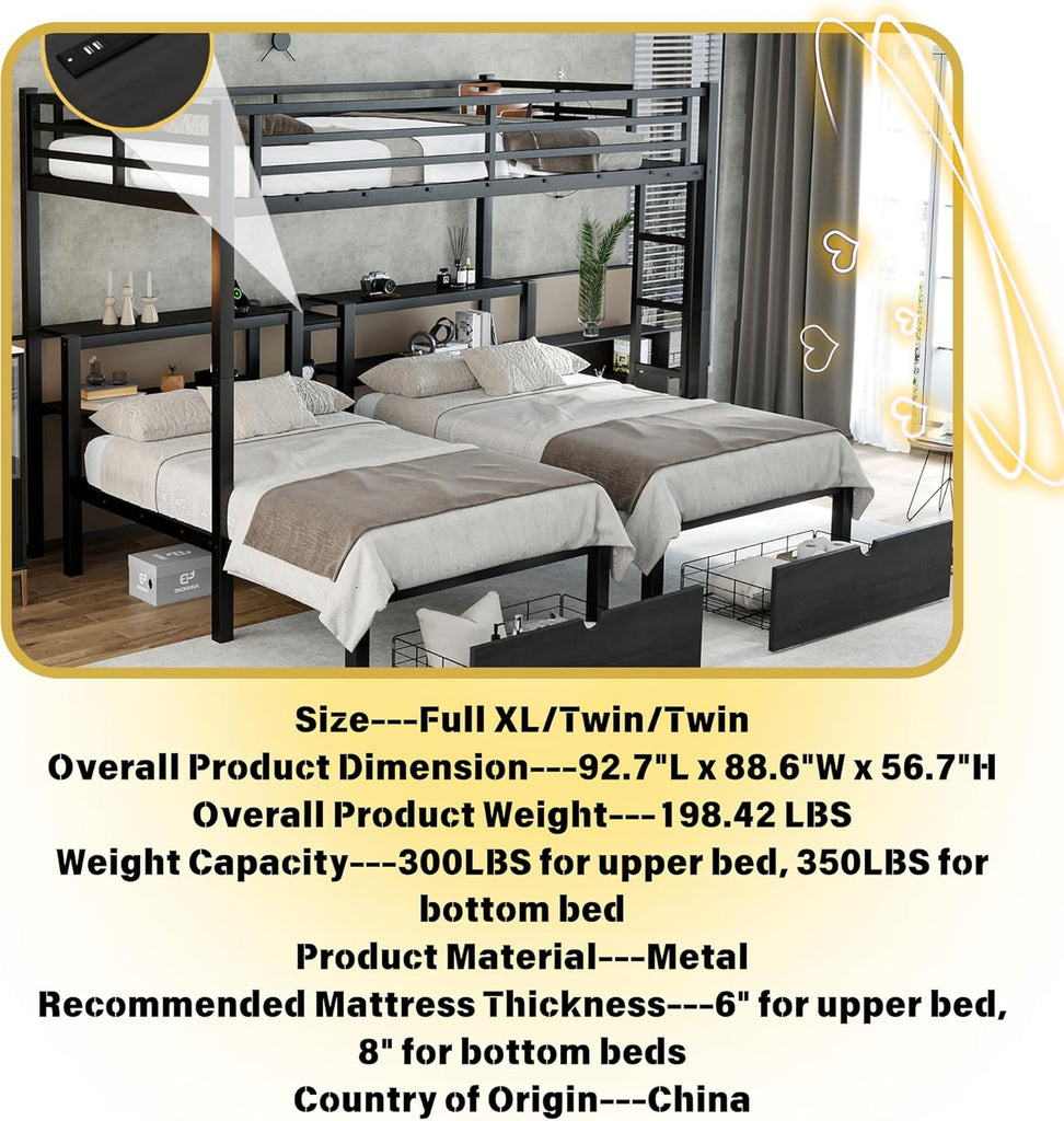 Full XL Over Twin Over Twin Triple Bunk Beds with Storage Drawers, Shelves