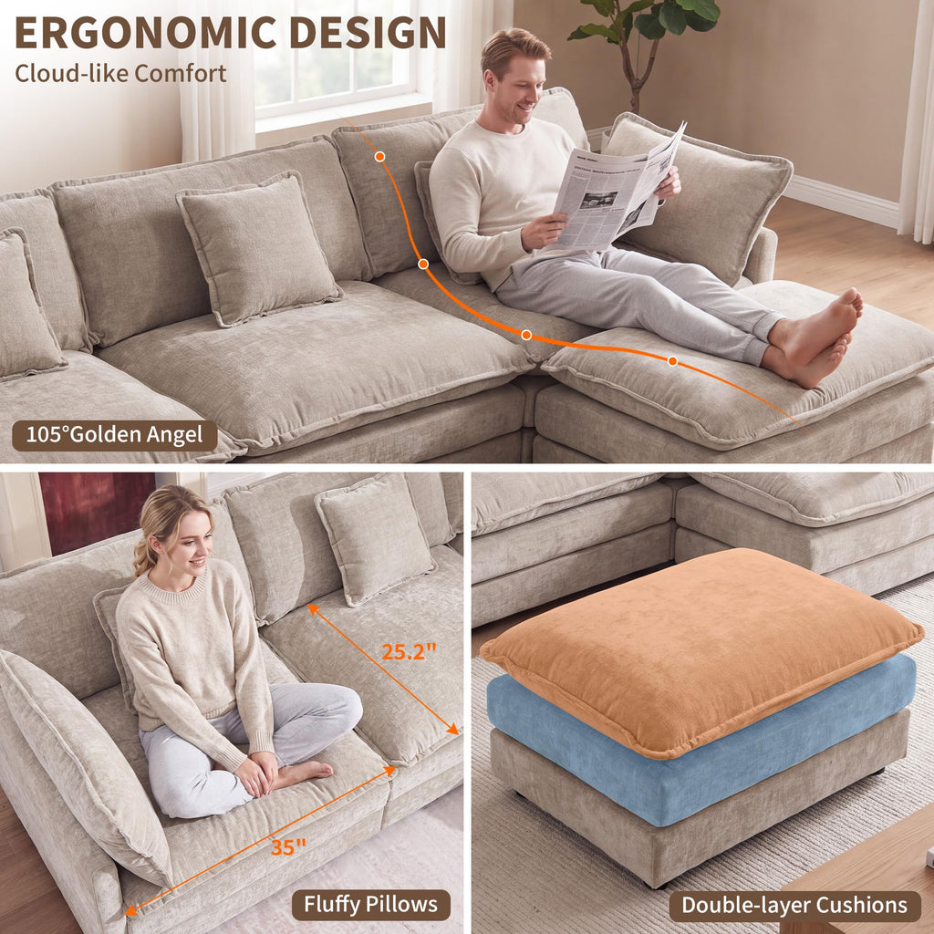 76.7" Cloud Loveseat Couch with Ottoman, Small L Shape Sectional Sofa