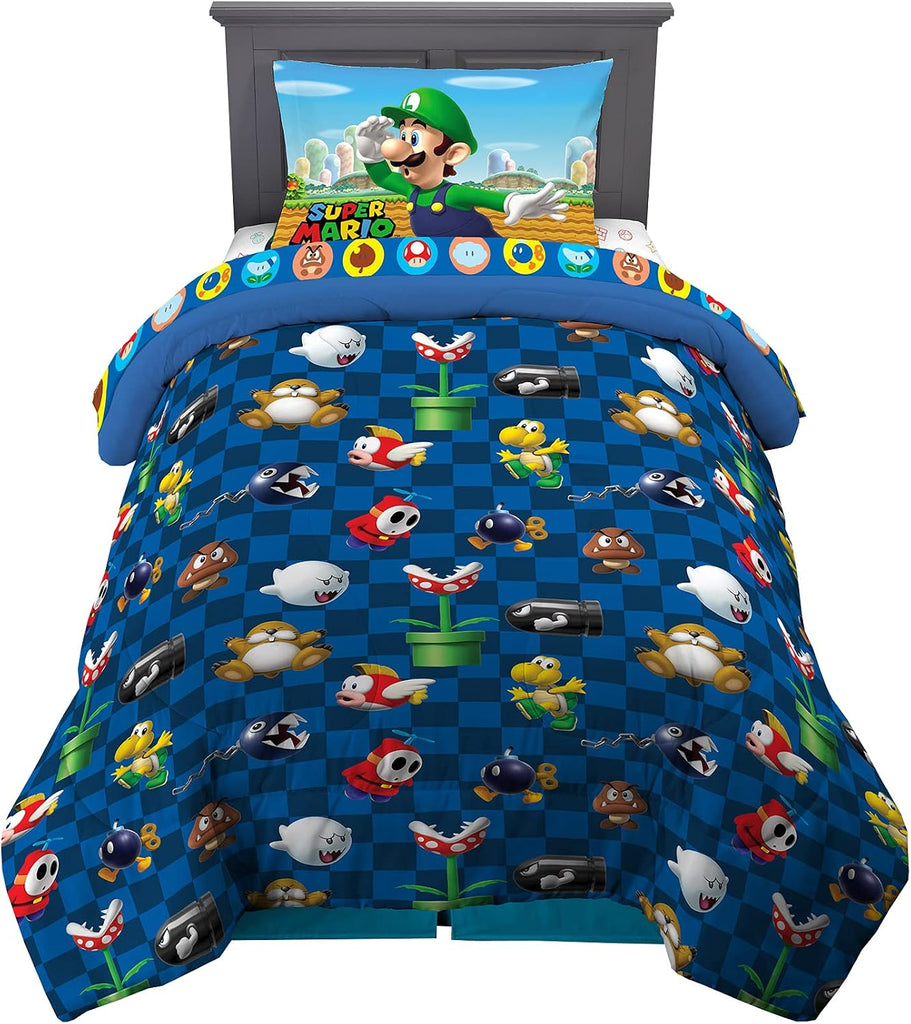Super Mario Kids Bedding, 4 Piece Super Soft Cozy Reversible Comforter and Sheet Set, (Officially Licensed Product)