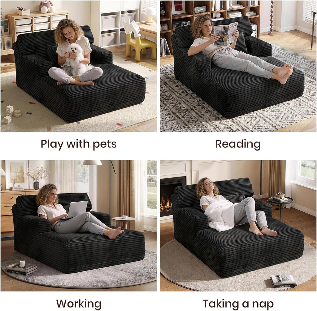 Oversized Corduroy Chaise Lounge Chair, Plush Upholstered Sleeper Chair with Back & Throw Pillow , No Assembly