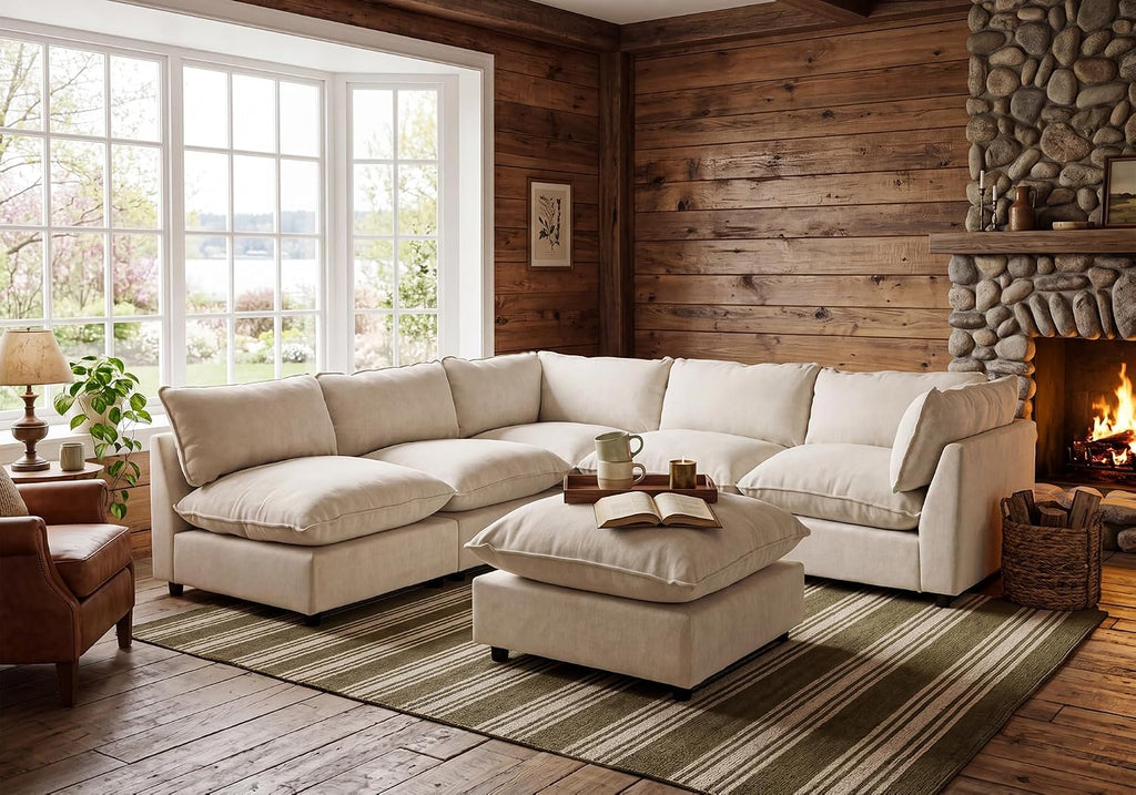 Modular Sectional Sofa, Oversized Chenille Cloud Couch, Deep Comfy Seat, 6-Seater Sofas Couches , Beige, High Feet