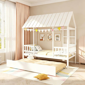 Tw Bed with Trundle Bed Twin, Wooden Montessori Bed Frame with Roof & Safety Guardrail for Kids, Teens, Boys or