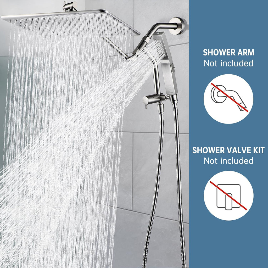 All Metal 14 Inches Rain Shower Head with Handheld Built-in Power Wash Mode, 3-way Diverter with Pause Setting