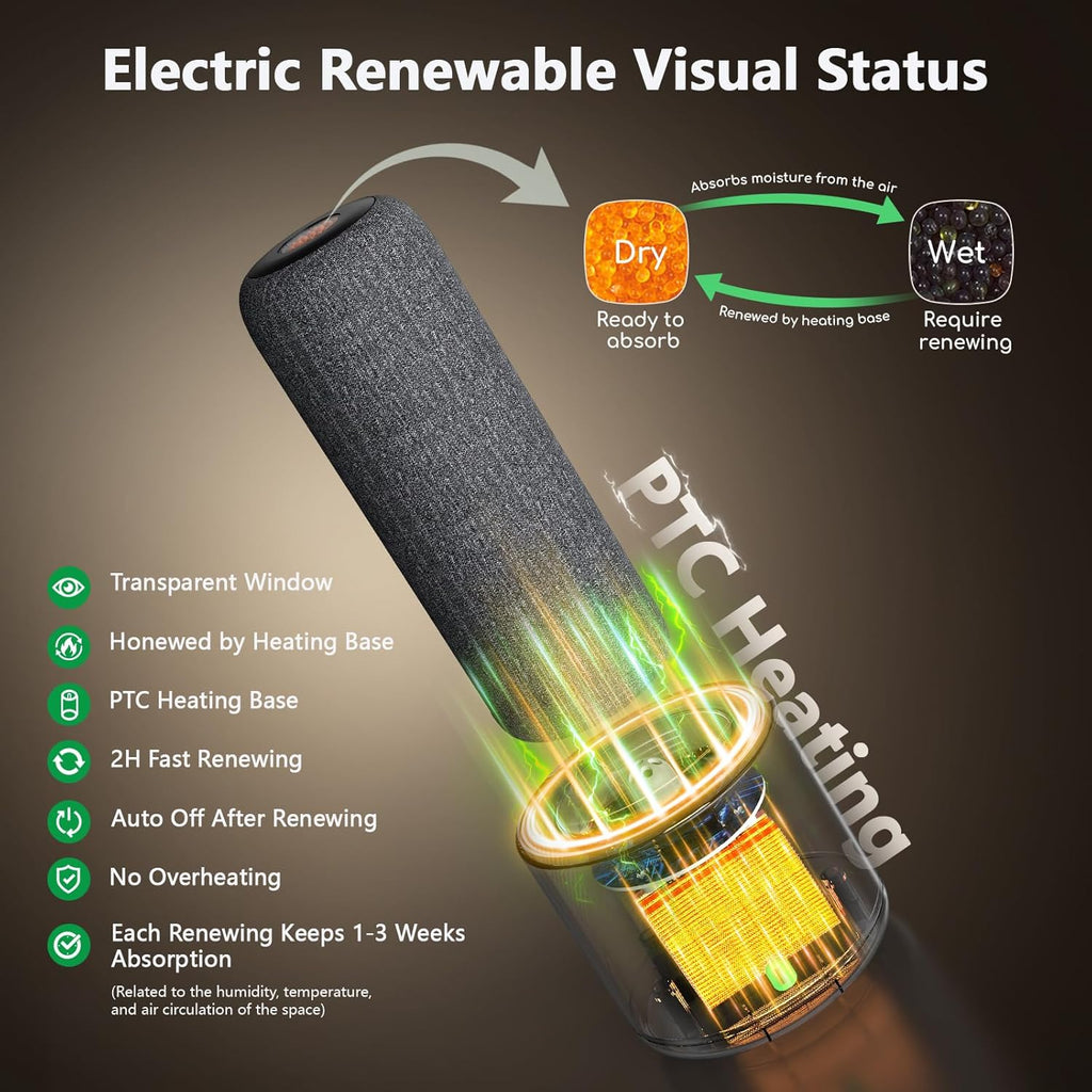 Rechargeable Cordless Gun Safe Dehumidifier with Heating Base, Mini Quiet Portable Dehumidifier for Spaces Like Room