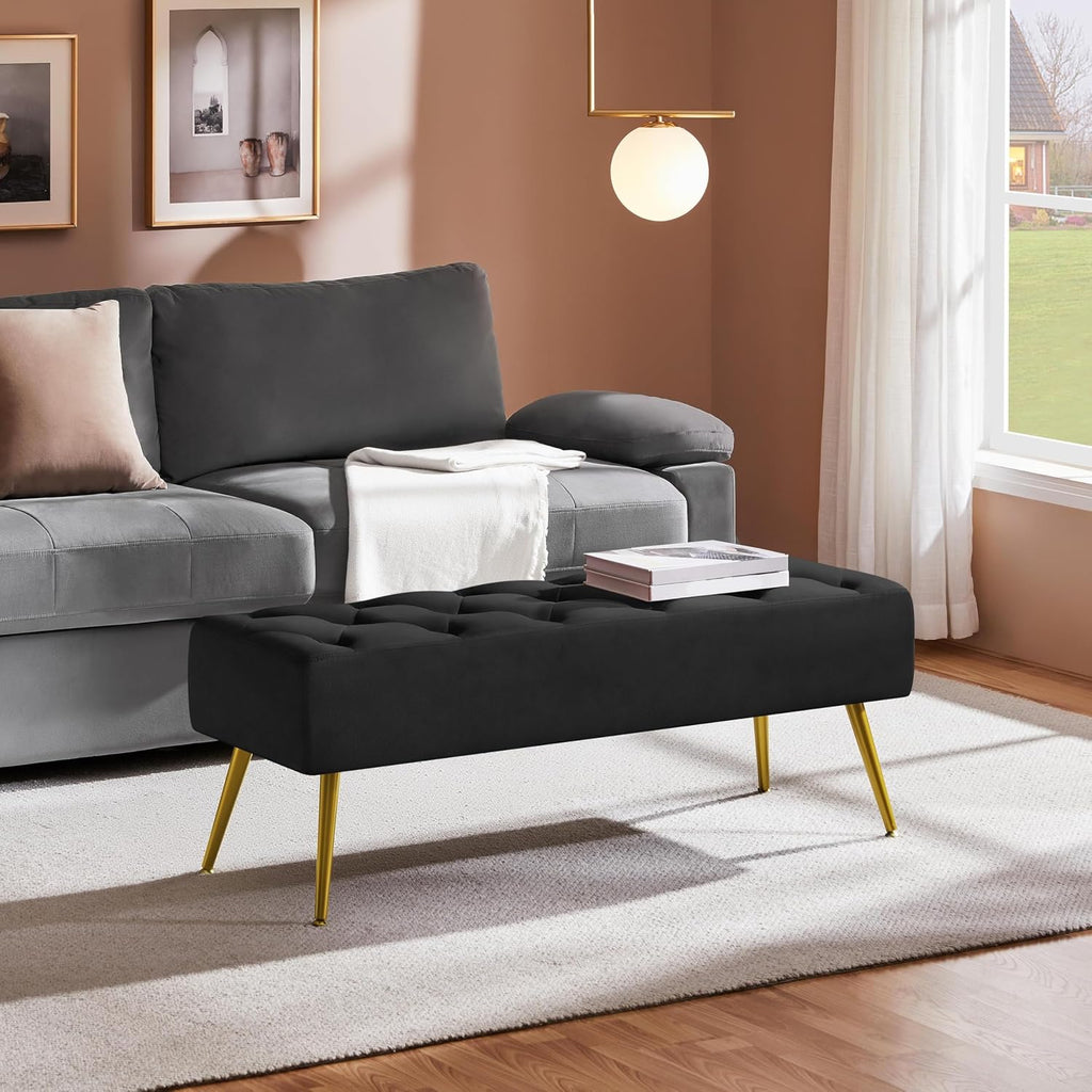 45in Velvet Ottoman Bench End of Bed, Black | Tufted Upholstered Bench Seat, Bed Bench with Tapered Gold Metal Legs