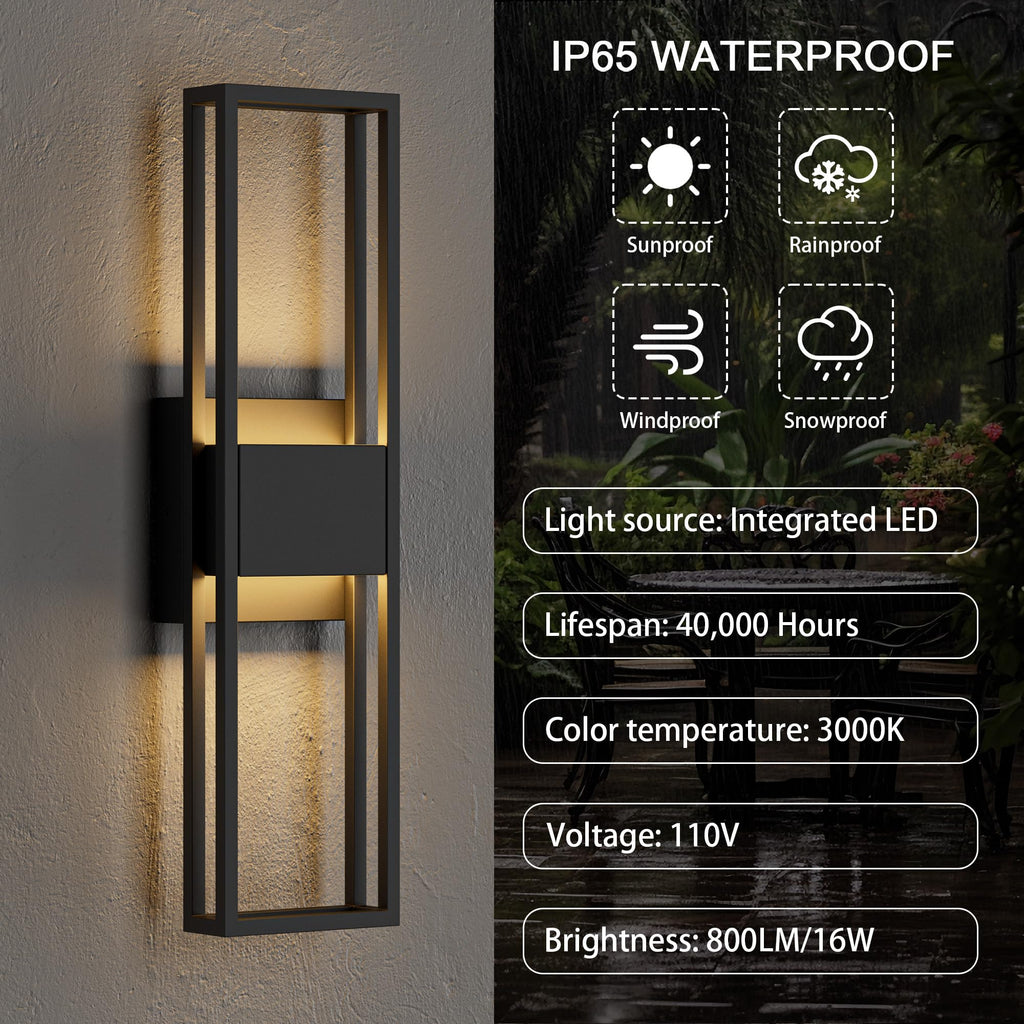 20 Inch Modern Outdoor Wall Light 3000K 16W Integrated LED, IP65 Waterproof Matte Black Exterior Lighting