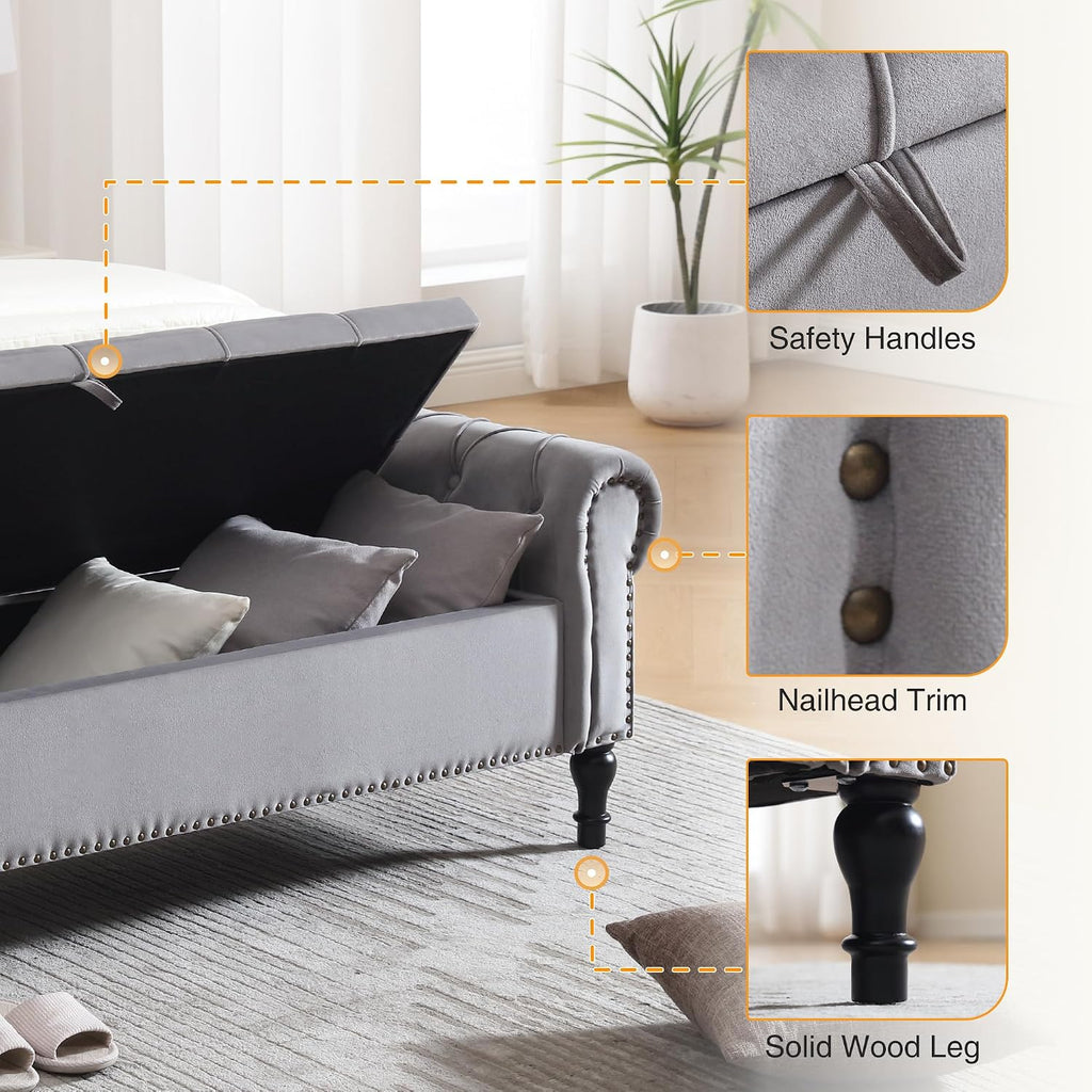 Velvet Storage Bench 67 Inch Upholstered Tufted Ottoman Bench with Arms King Size End of Bed Bench Living Room