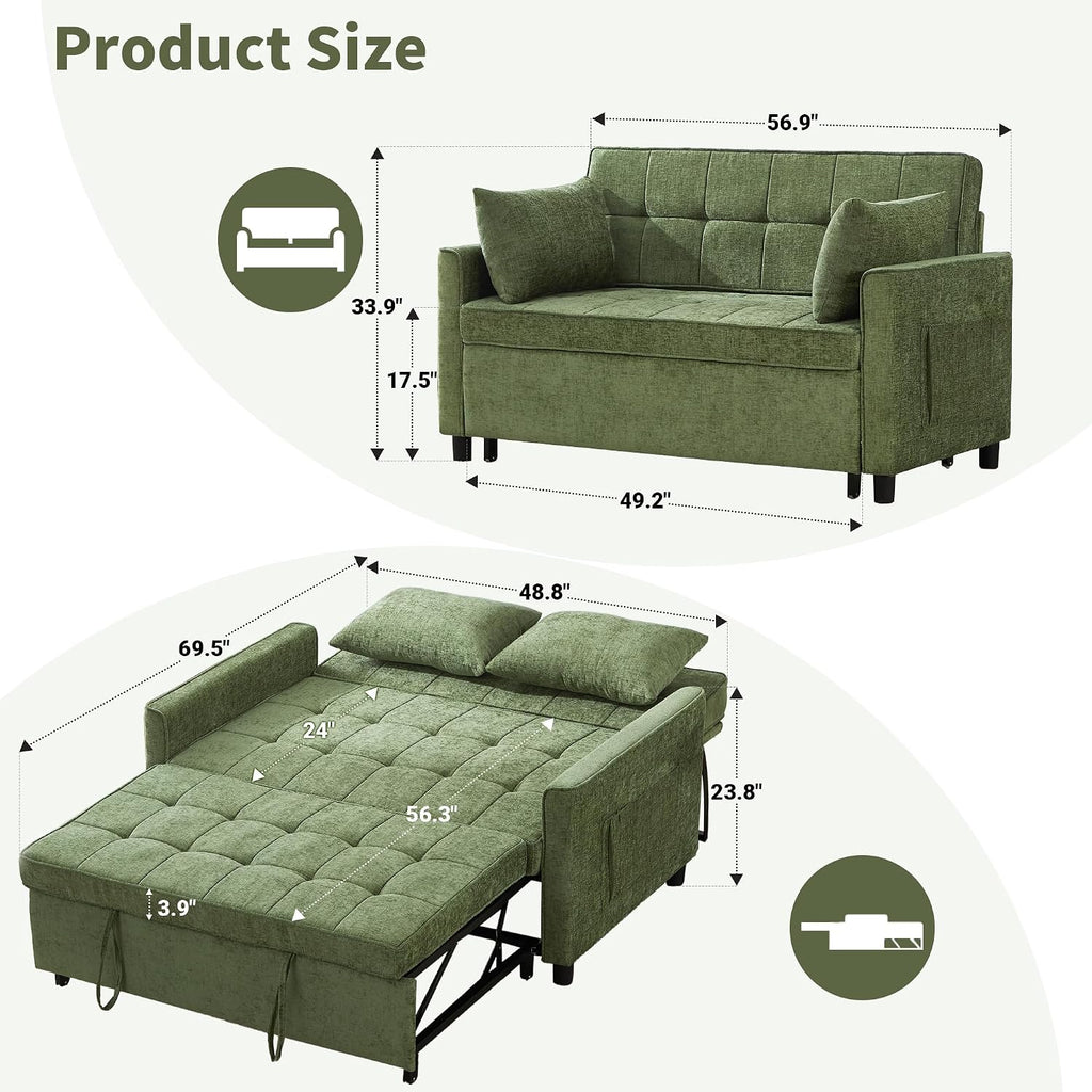 57" Chenille Convertible Sofa Bed, Full Size Loveseat Sleeper Sofa with USB & Type-C Port, Adjustable Backrest