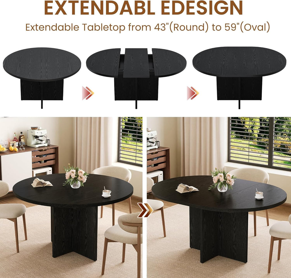 43.3''-59'' Extendable Round Dining Table for 4-8, Modern Kitchen Oval Dining Table with Removable Leaves, Dinner