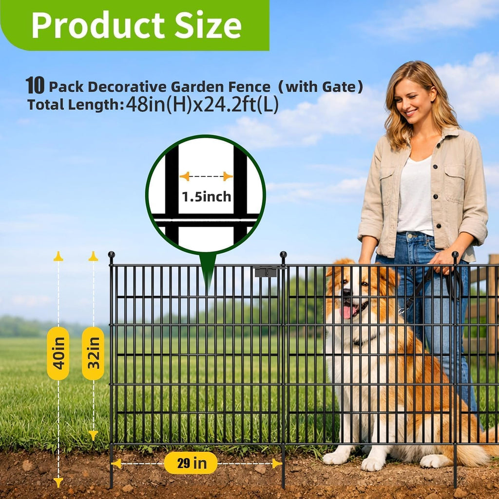10 Panels No Dig Garden Fence with Gate, 40 in(H) X 24.2 ft(L) Metal Fence Panels, Thickened Rustproof Garden Fencing