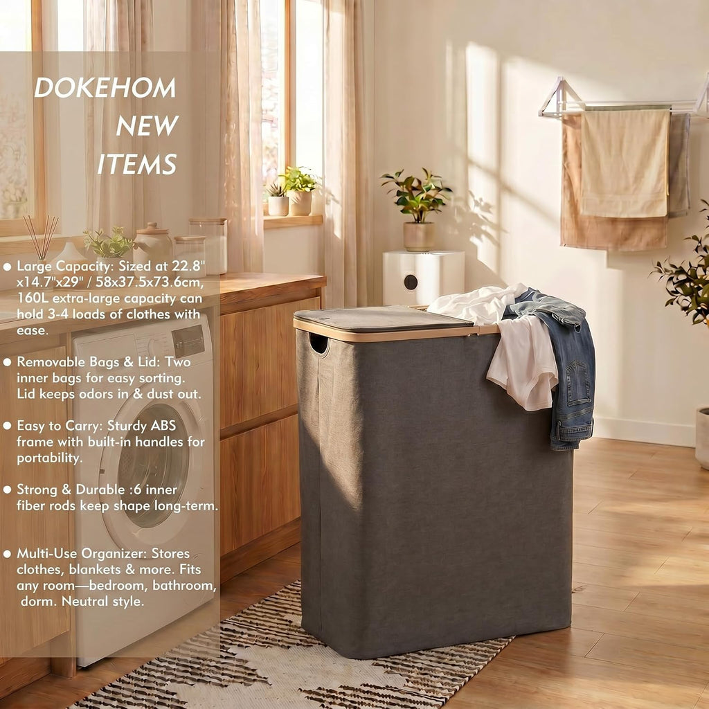160L Double Laundry Basket Hamper with Lid & Removable Bags, Grey | Extra large 2-section collapsible clothes hamper