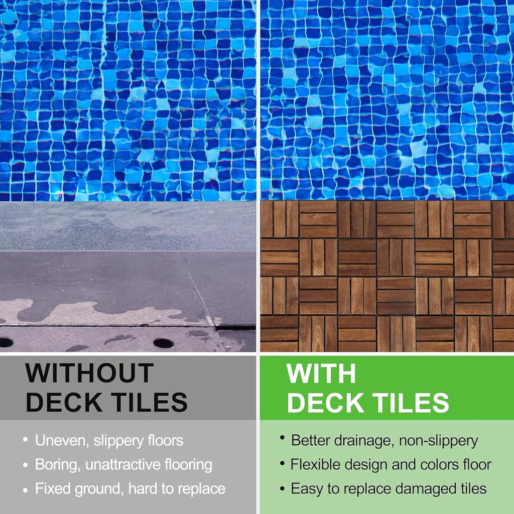 Deck Tiles - Pack of 10 Waterproof Acacia Wood Patio Tiles, Flooring Tile for Indoor and Outdoor - 12 x 12 inches