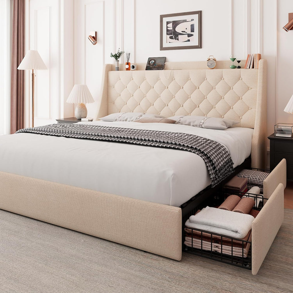 Upholstered Queen Bed Frame with 4 Storage Drawers, Charging Station and Tufted Wingback Storage Headboard