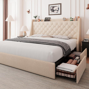 Upholstered Queen Bed Frame with 4 Storage Drawers, Charging Station and Tufted Wingback Storage Headboard