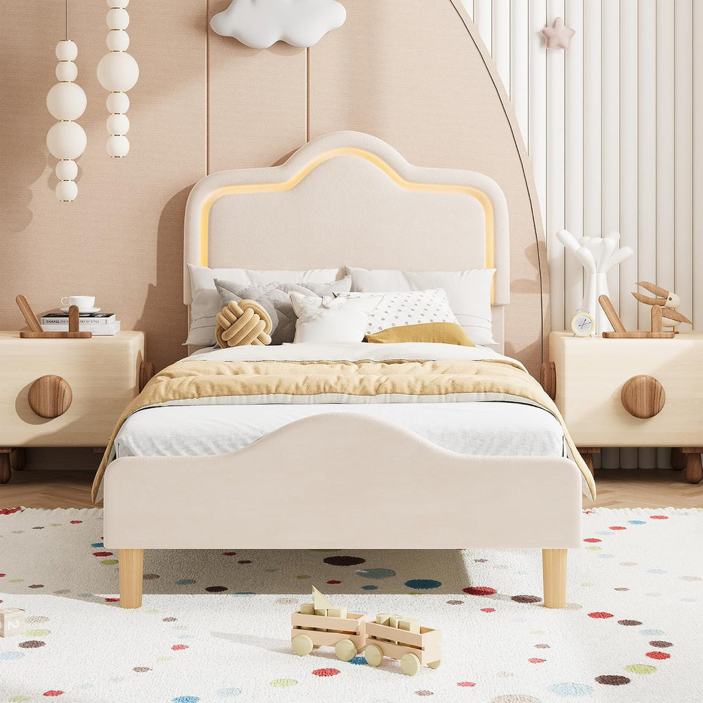 Twin Size Upholstered LED Bed Frame with Adjustable Headboard and Footboard, Velvet Princess Platform Bedframe for