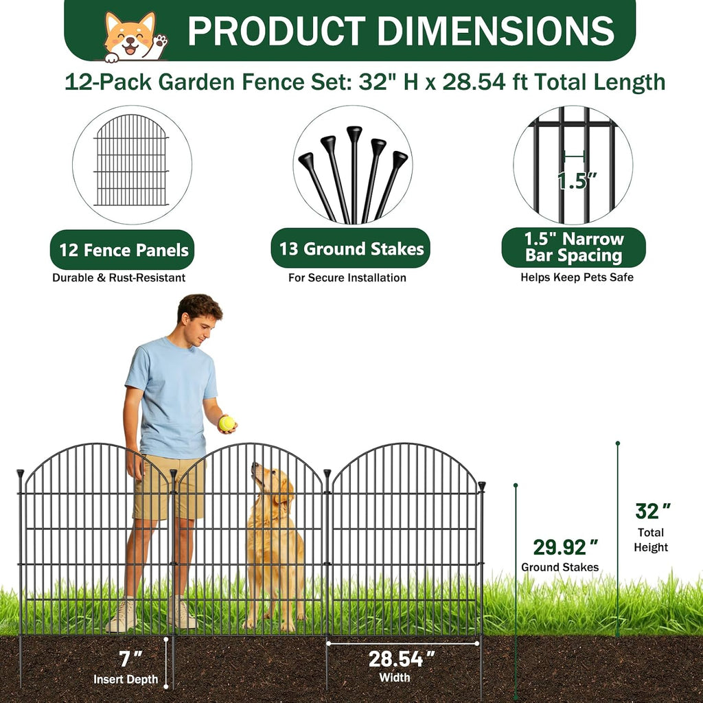 12 Pack No Dig Decorative Garden Fence Panels with Gate, 32in(H) x 29ft(L), Dog Fence Outdoor for Yard, Rustproof