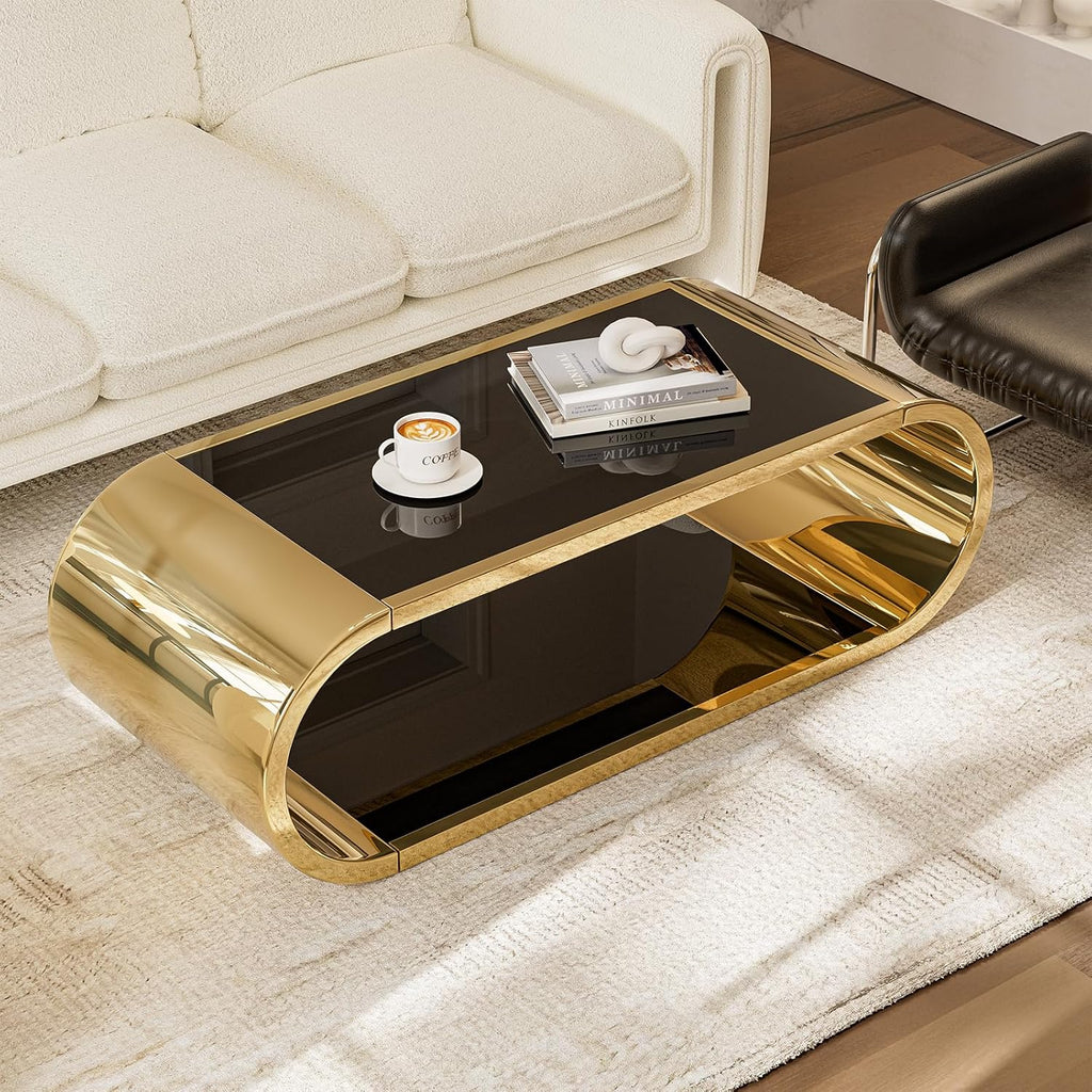 Gold Stainless with Glass Coffee Table, Modern Coffee Table, 2-Tier Glass Top with Large Space Fashion Design