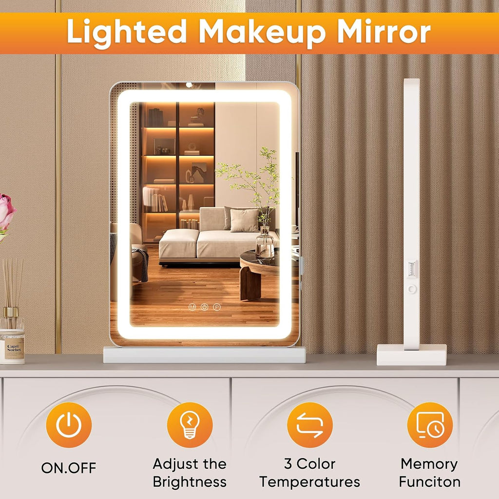 18"x13" LED Vanity Mirror with Lights, Dimmable 3 Color Modes Makeup Mirror with Memory Function, USB