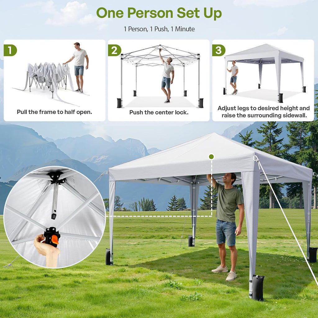 10x10 Pop Up Canopy with Sidewalls, Instant Portable Canopy Tent with Carry Bag Events, Camping, Parties - White
