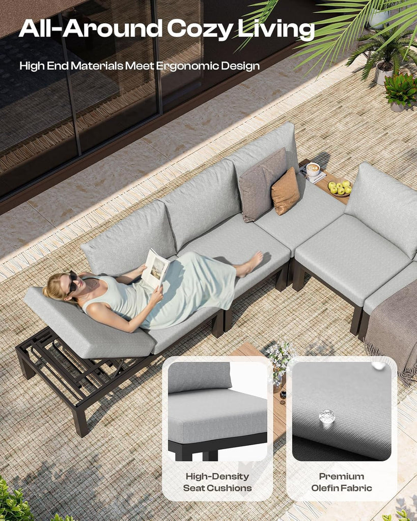 Aluminum Modular Outdoor Patio Furniture Set, 6 Seats Sectional Sofa Set with Adjustable Backrest & Thick Cushions