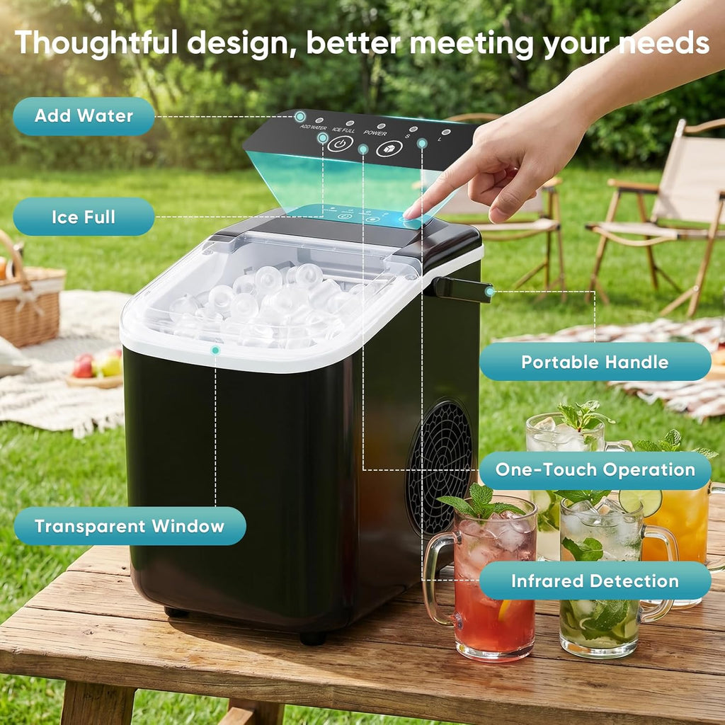 Ice Maker Countertop, Ice Machine with Portable Handle, Basket and Scoop, 26lbs Daily, 9 Bullet Cubes in 6~8 Mins