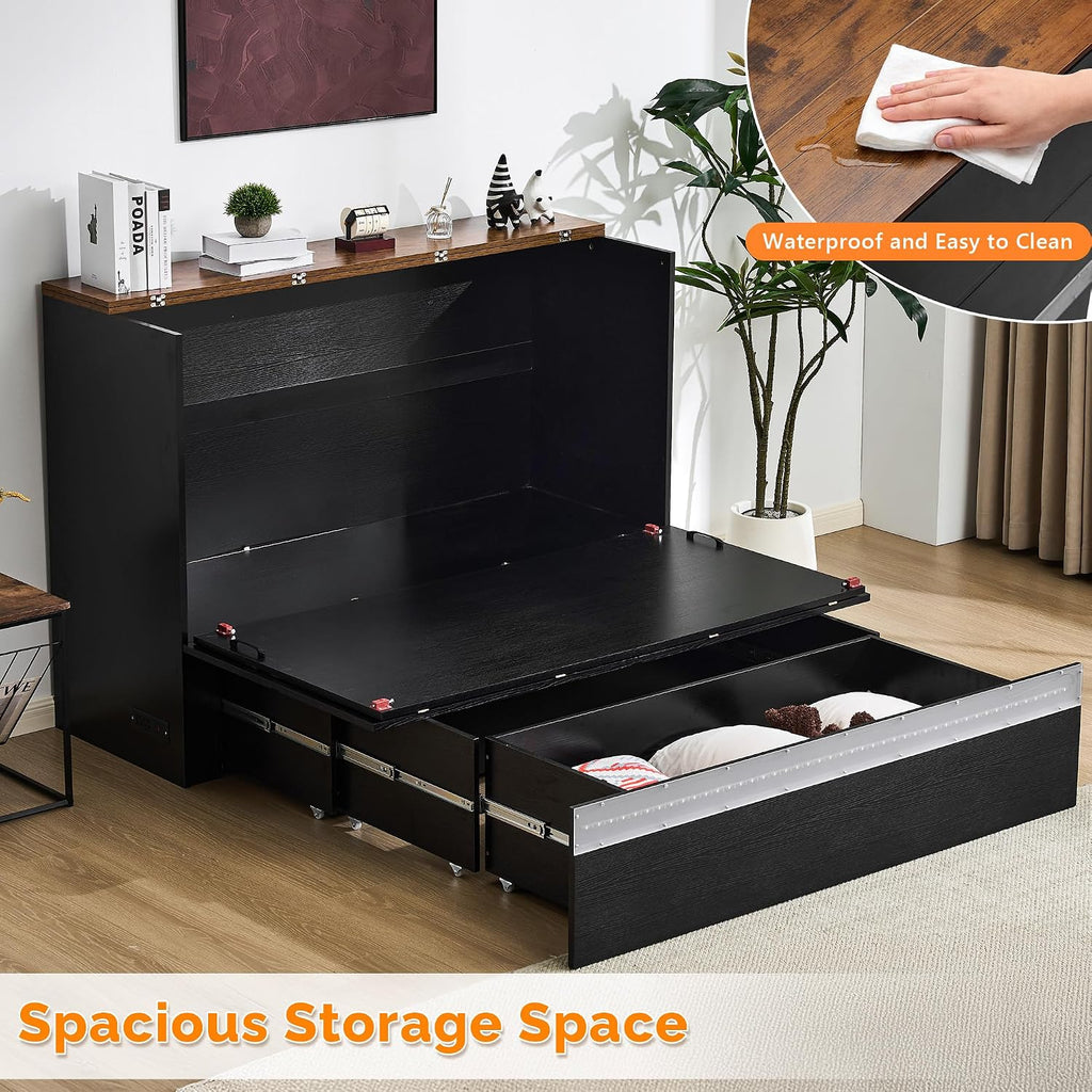 Full Murphy Bed with Storage Drawer,Smart LED Lighting,Built-in 2 Charging Stations, Space-Saving Cabinet Bed for