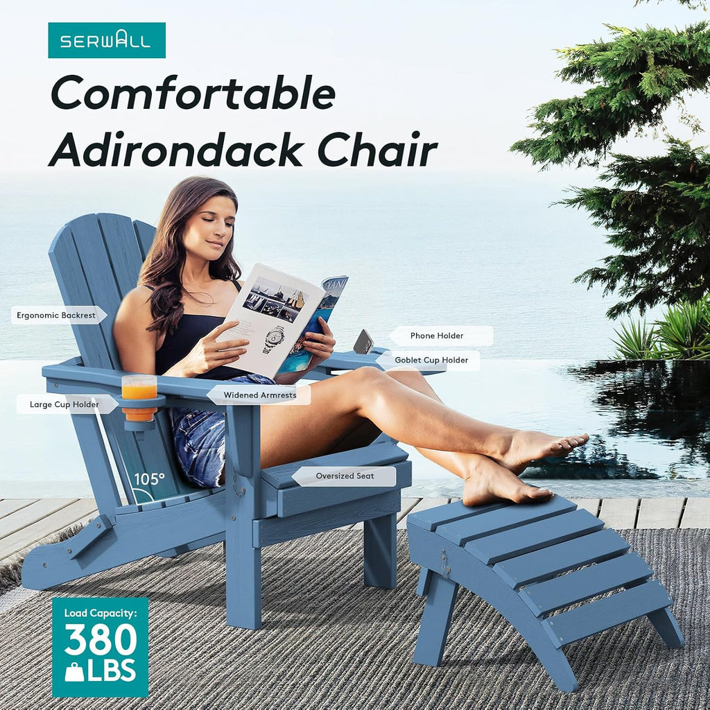 Outdoor Adirondack Chairs Set of 2 with 2 Cup Holders,Foldable,Blue | HDPE Composite,Waterproof,Wood Grain,Cup &
