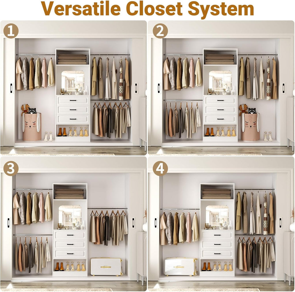 48" W - 96" W Closet System with Mirror, 8FT Walk in Closet Organizer Kits with Drawers and 3 Extendable Hanging Rod