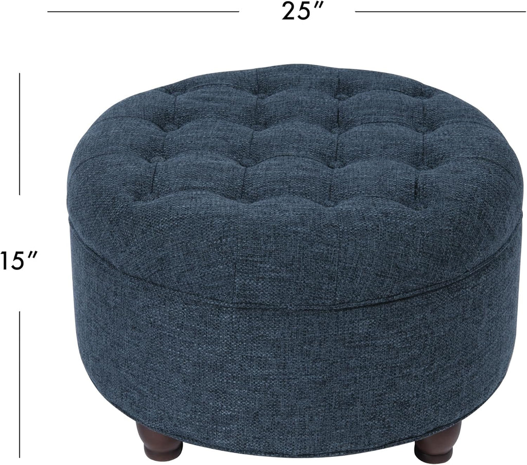 Home Decor | Large Button Tufted Woven Round Storage Ottoman (Navy Woven) 25 inch D x 25 inch W x 15 inch H
