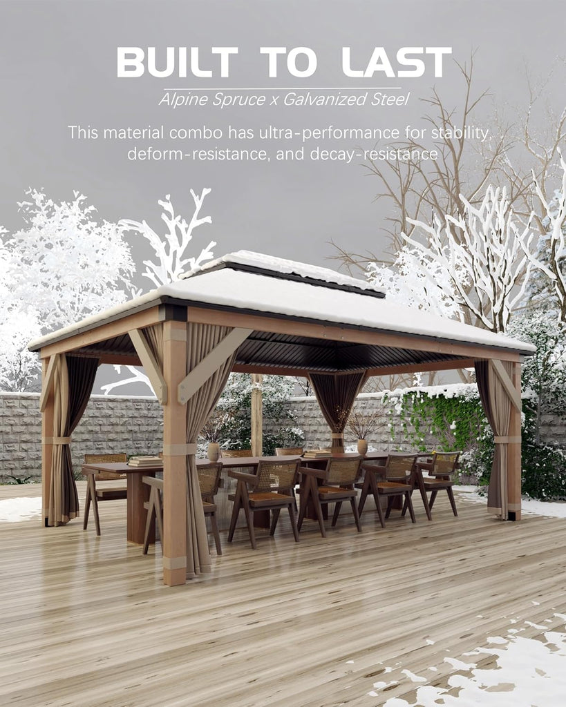 10x12 ft Hardtop Wood Gazebo for All Weather, Double Metal Roof, Heavy Duty Cedar Frame, Curtains & Netting