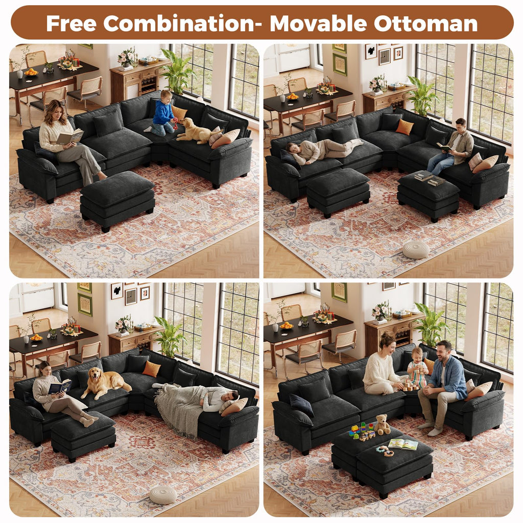117" Oversized V-Shaped Modular Sectional Cloud Couch with Corner, Comfy 6-Seat Sofa w/Ottoman, Chenille Deep Seat
