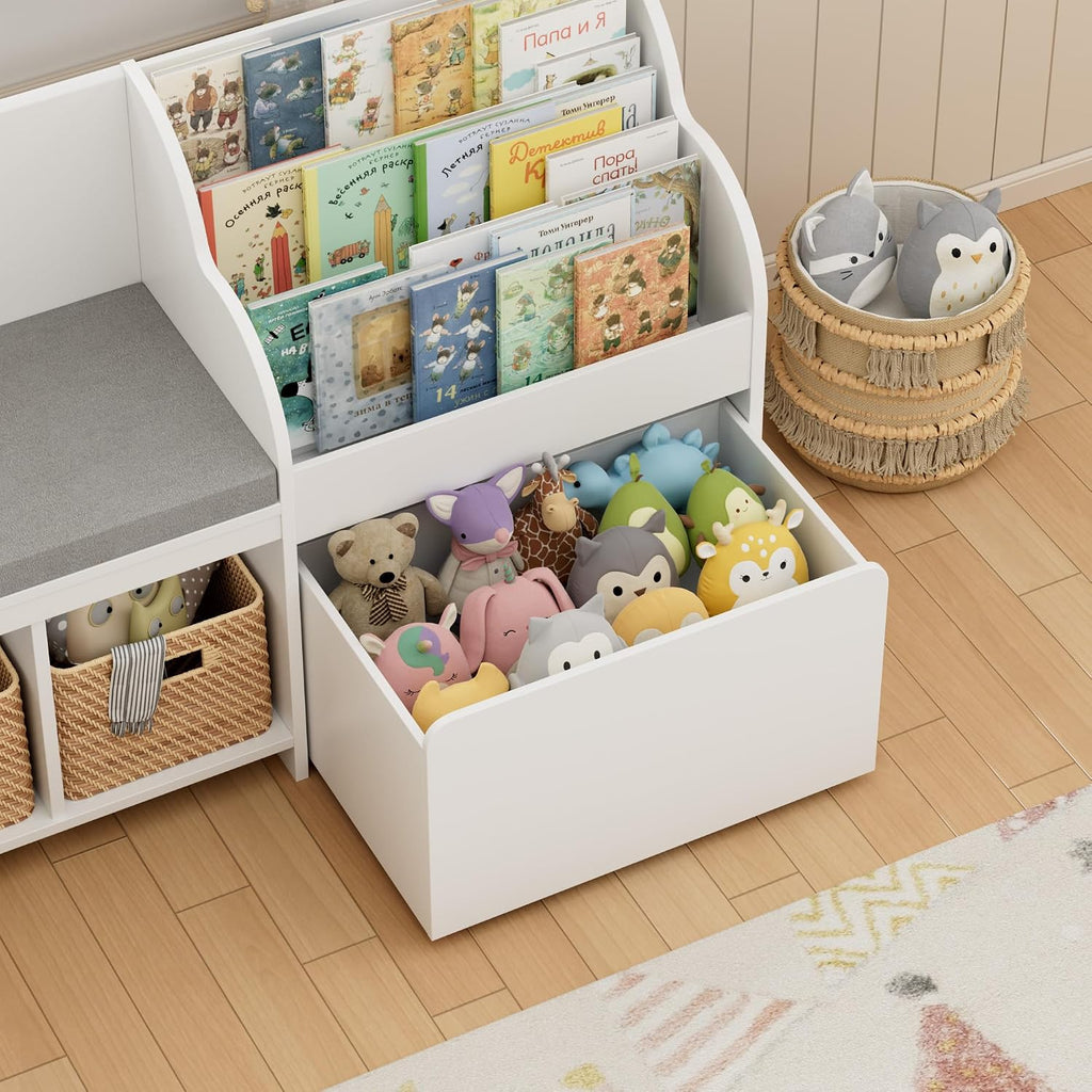 67"W Kids Reading Nook with Bookshelf, Toy Storage Organizer, White | Cushioned Bench & Large Movable Toy Storage Box