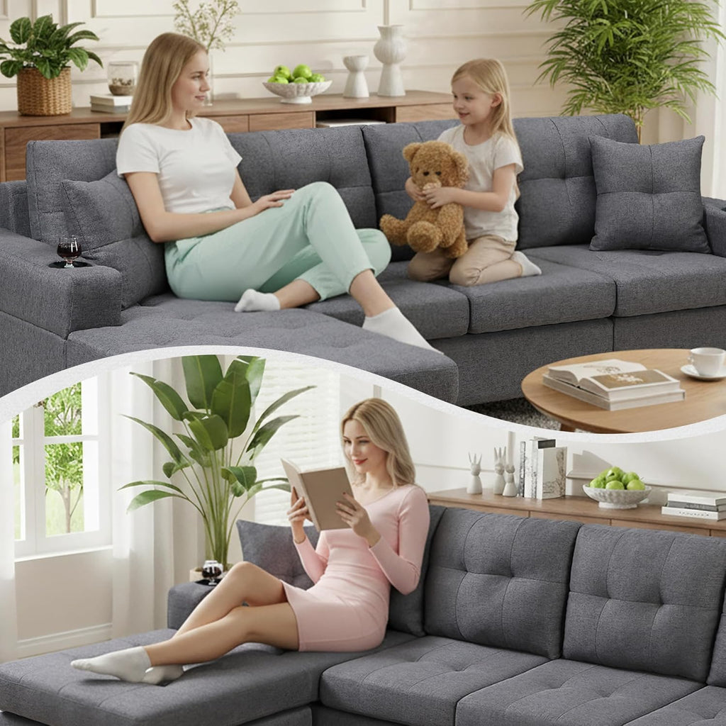 Sectional Sofa Couch, Modern 4-Seaters Living Room Furniture Sets with Reversible Chaise Lounge & 2 Pillows |