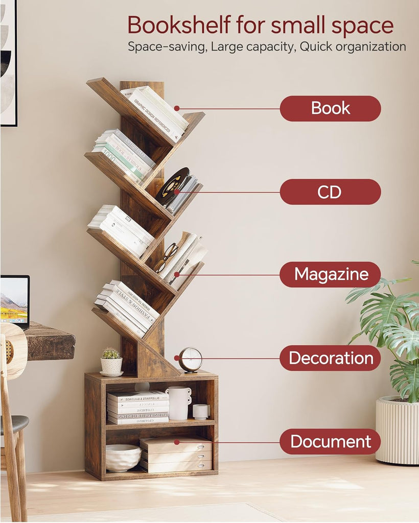6 Tier Tree Bookshelf, Small Bookcase with Storage Cabinet, Modern Tall Narrow Bookshelves Organizer