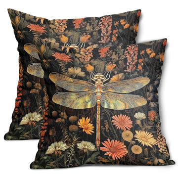 Dragonfly Pillow Covers 24x24 Inch Set of 2 Moody Vintage Floral Botanical Cotton Linen Decorative Throw Pillow Cases