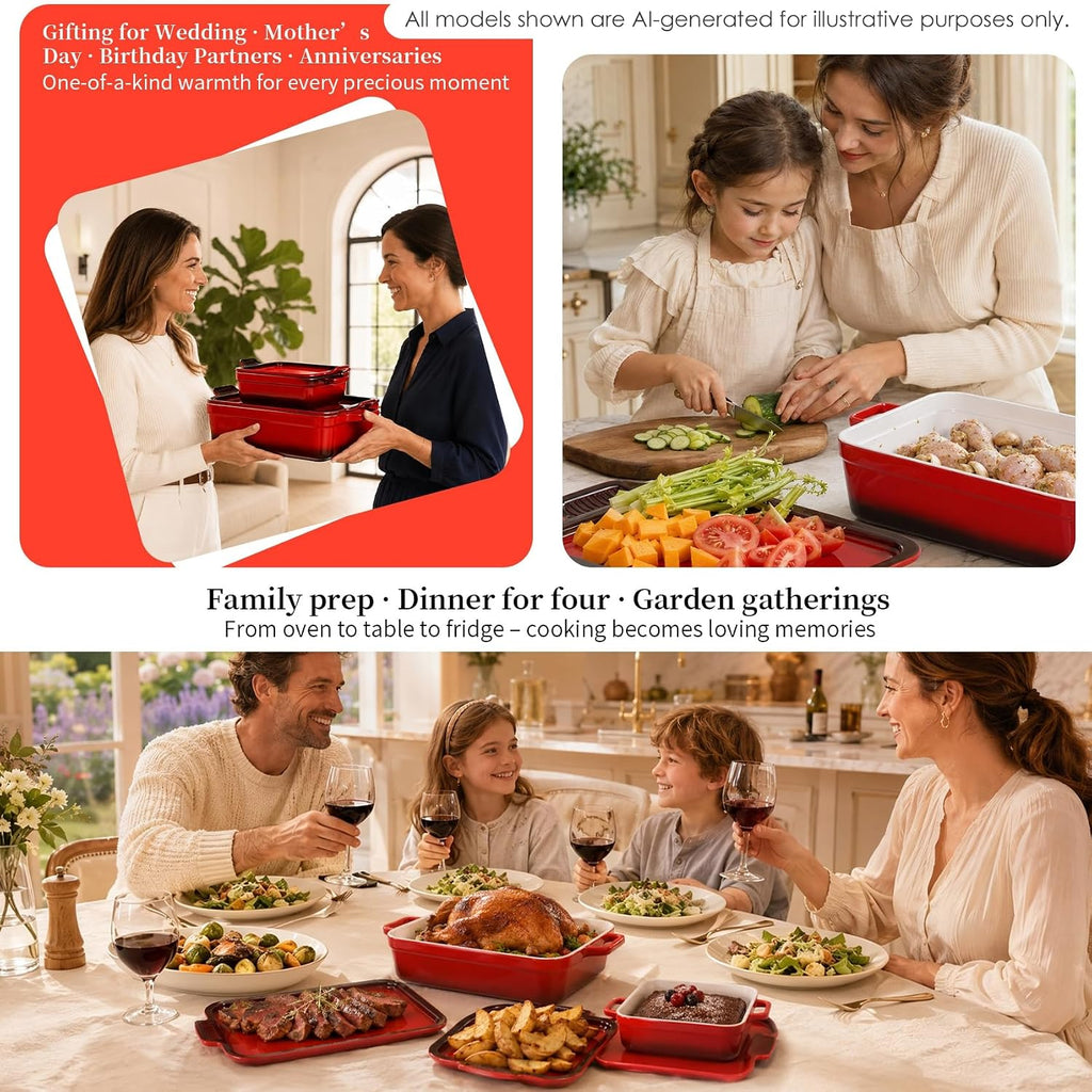 Ceramic Casserole Dish with Lid 6 Pcs, 2-in-1 Dish Set Stoneware Dishes for Oven, (13"x8"+8"x6"), 3.06Qt & 0.95Qt