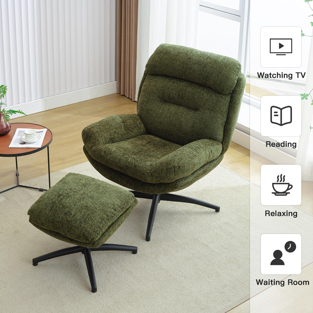 Modern Reading Chair and Ottoman — Green Chenille