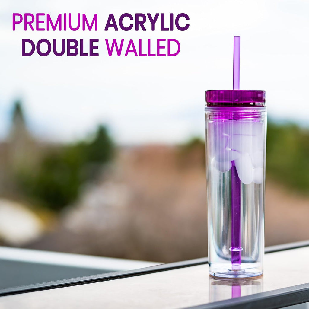 SKINNY TUMBLERS 4 Colored Acrylic Tumblers with Lids and Straws | Skinny, 16oz Double Wall Clear Plastic Tumblers