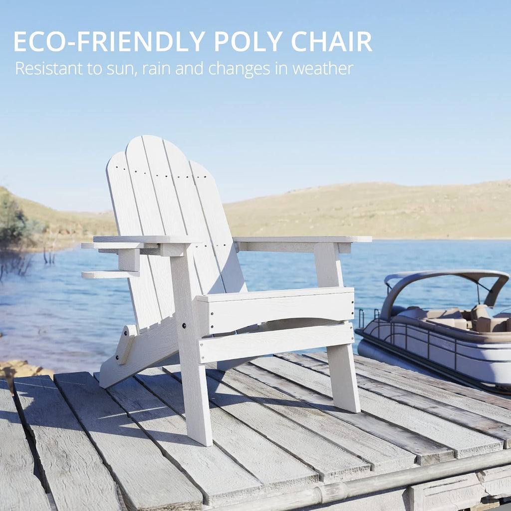 Folding Adirondack Chairs Set of 2, HDPS Fire Pit Chairs, White | All-weather-resistant, ergonomic curved design