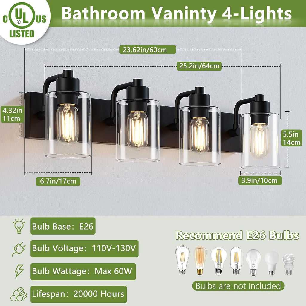 Bathroom Vanity Light, Modern Matte Black 4-Light Bathroom Lights Over Mirror with Clear Glass Shade,Wall Sconces