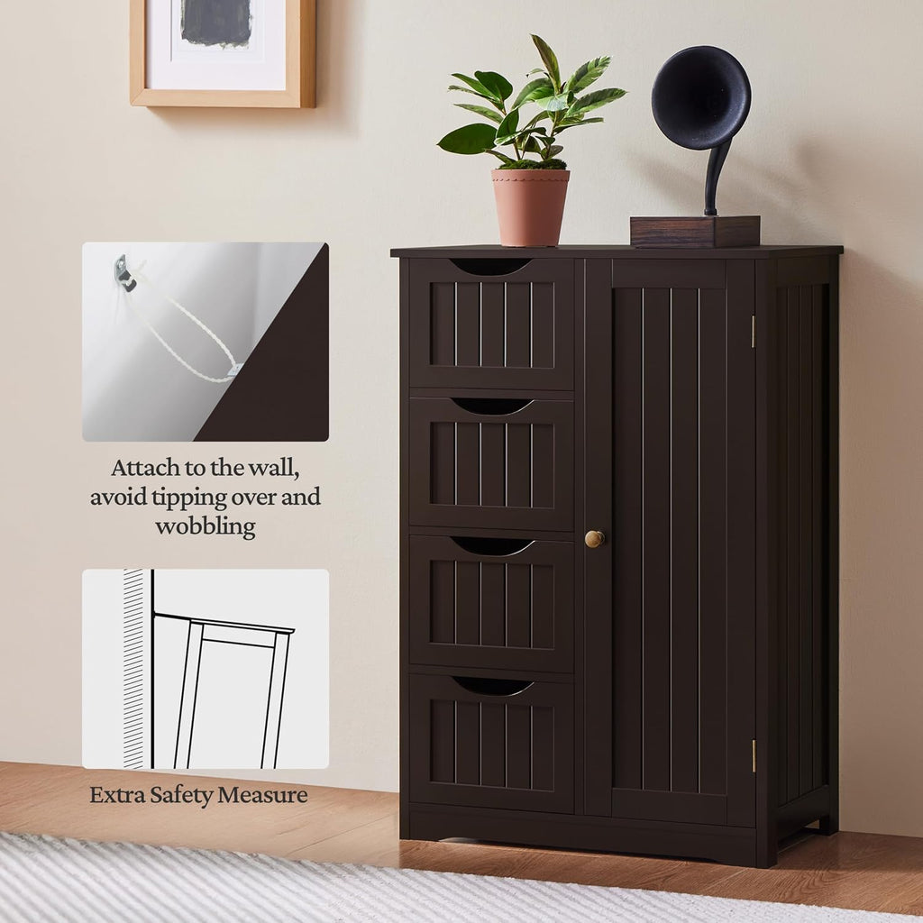 Small Bathroom Storage Cabinet with 4 Drawers & Door, Espresso | Floor Cabinet Organizer , 3-Position Adjustable