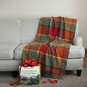 Irish Wool Throw Blanket, 54x71in, Orange Green Yellow Tartan