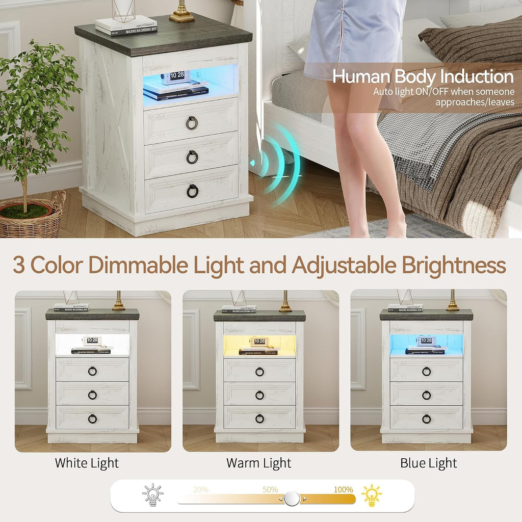 Farmhouse Nightstand with Gun Drawer Set of 2, Human Sensor LED Bedside Table with LED Lights & Charging Station