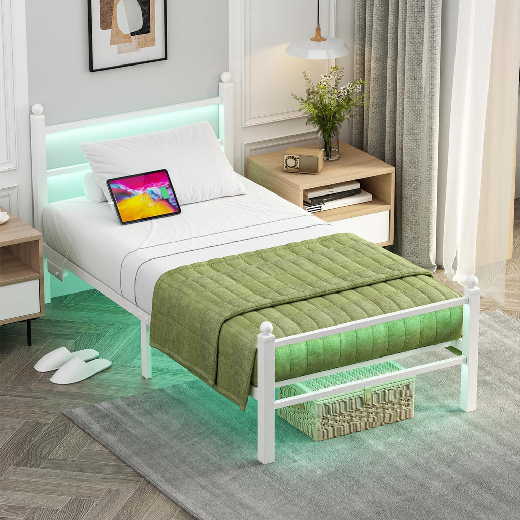Twin Size Bed Frames with Charging Ports&LED Lights,Heavy Duty Metal Slats Support,No Box Spring Needed,Noise Free,No