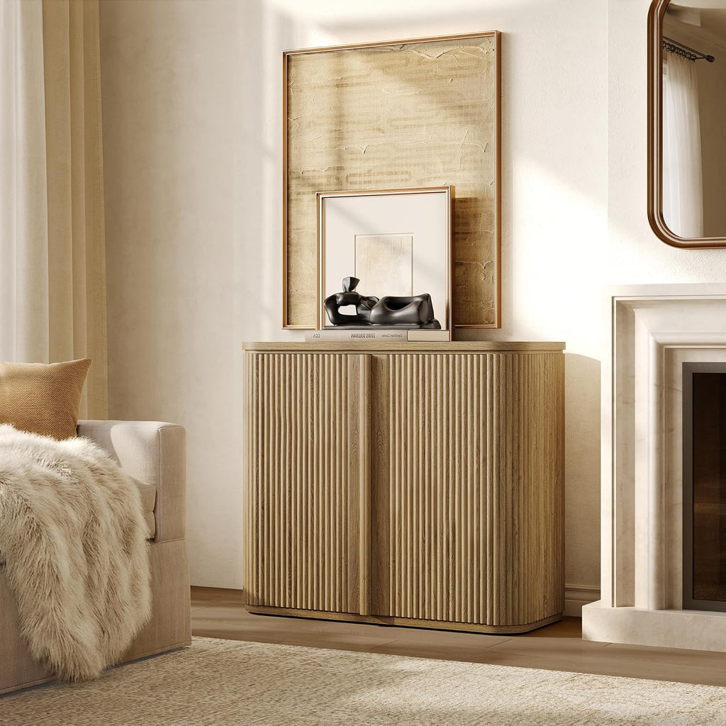 Fluted Sideboard Buffet Cabinet with Storage, Modern Credenza with Solid Wood Handle