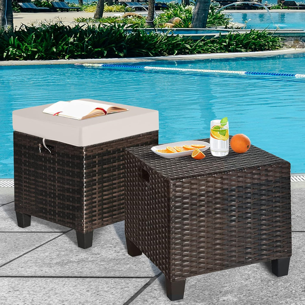 2-Piece Patio Ottoman Set - Wicker Footstools | All Weather PE Rattan Square Footstool, Removable Light Brown